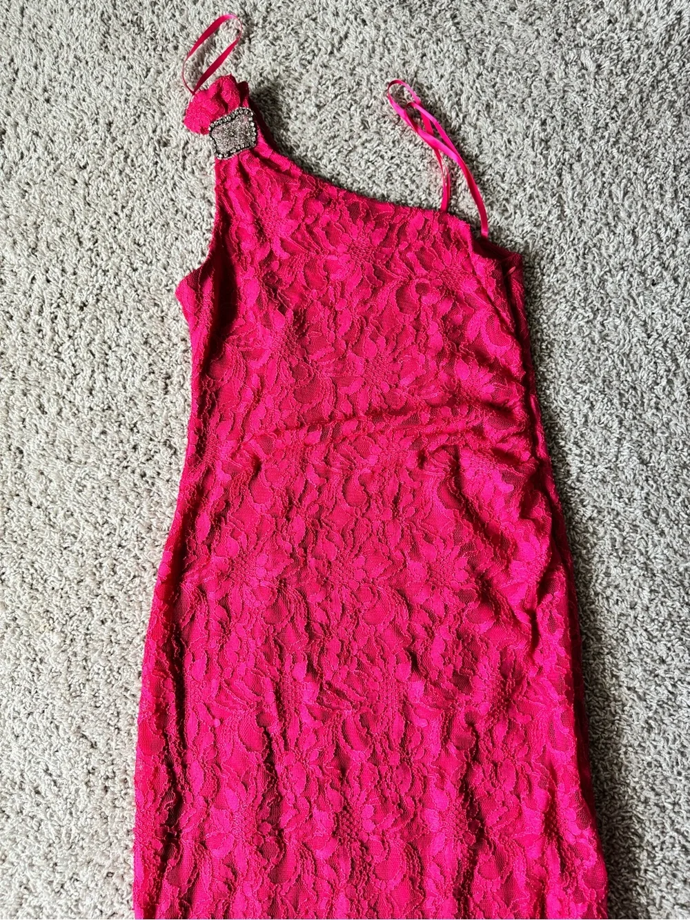 Adrianna Papell Hot Pink One-Shoulder Lace Dress with Jewel Buckle